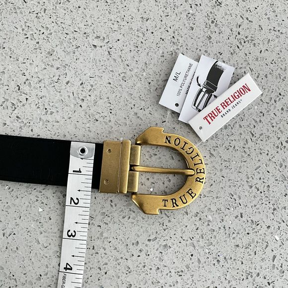 + True Religion Belt Black Brown Reversible Logo Imprint Gold-tone Horseshoe - Picture 7 of 9